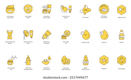 Ícones de cuidados faciais abrangentes: Jar de creme anti-envelhecimento, folha de máscara facial, tubo esfoliante, toner facial, óxido de zinco, ômega-3, ácido salicílico, dispositivo de vapor facial, prendedor de maquiagem, BB Creme 