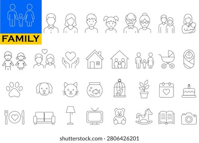 Comprehensive family vector icon set featuring editable stroke outline icons for family members, parents, children, grandparents, baby care, home, parenting, pets, household items, birthdays, family activities, and lifestyle symbols. Clean minimal line art isolated on a white background. Perfect for websites, mobile applications, parenting blogs, healthcare, education, family services, infographics, presentations, and lifestyle projects.