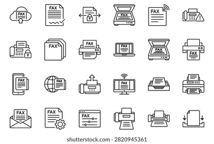 Comprehensive fax machine line icon set featuring document scanner cloud sending office printer transmission technology symbols