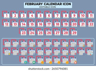 Comprehensive february calendar icon set showcasing a full month with varying days and designs