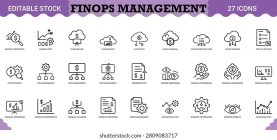 Comprehensive finance icon set for cloud billing expense monitoring resource optimization and operational performance.