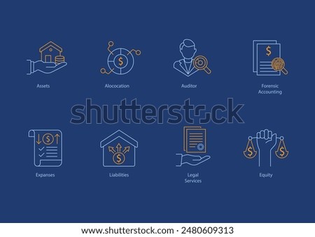 Comprehensive Financial Management Icons: Assets, Allocation, Auditor, Forensic Accounting, Expenses, Liabilities, Legal Services, Equity with editable stroke.