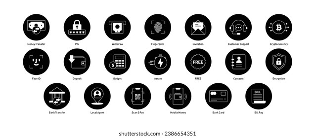 Comprehensive Financial and Mobile Icons. Encryption, Cryptocurrency, Bank Card, Customer Support, and More