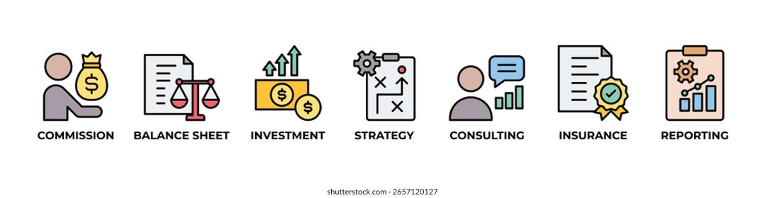 Umfassende Symbole der Finanzstrategie setzen Vektorgrafik mit Kommission, Bilanz, Investitionen, Strategie, Beratung, Versicherung, Berichterstattung