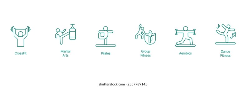 Comprehensive Fitness Icon Set - Vector Illustrations for CrossFit, Martial Arts, Pilates, Group Fitness, Aerobics, and Dance Fitness