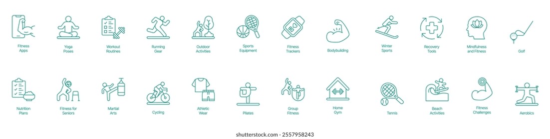 Comprehensive Fitness and Lifestyle Icon Set - Vector Illustrations for Fitness Apps, Yoga Poses, Workout Routines, Running Gear, Outdoor Activities, Sports Equipment, Fitness Trackers, Bodybuilding 