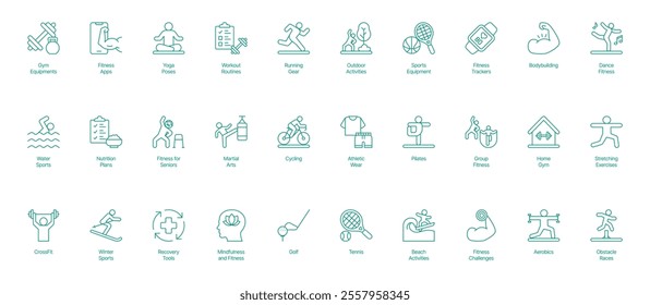 Comprehensive Fitness and Lifestyle Icon Set with Settings - Vector Illustrations for Gym Equipment, Fitness Apps, Yoga Poses, Workout Routines, Running Gear, Outdoor Activities, Sports Equipment 