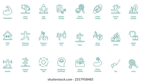 Comprehensive Fitness and Recreation Icon Set - Vector Illustrations for Bodybuilding, Dance Fitness, Yoga, Workout Routines, Sports Equipment, Fitness Trackers, Running Gear, Outdoor Activities 