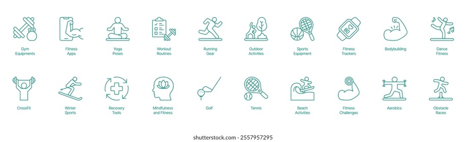 Comprehensive Fitness and Sports Icon Set - Vector Illustrations for Gym Equipment, Fitness Apps, Yoga Poses, Workout Routines, Running Gear, Outdoor Activities, Sports Equipment, Fitness Trackers 