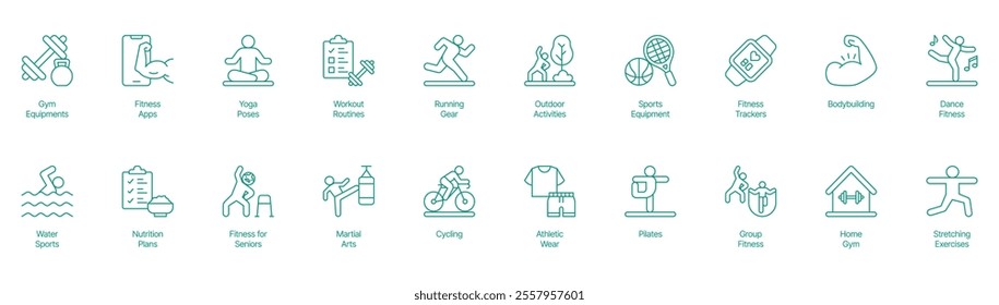 Comprehensive Fitness and Wellness Icon Set - Vector Illustrations for Gym Equipment, Fitness Apps, Yoga Poses, Workout Routines, Running Gear, Outdoor Activities, Sports Equipment, Fitness Trackers 