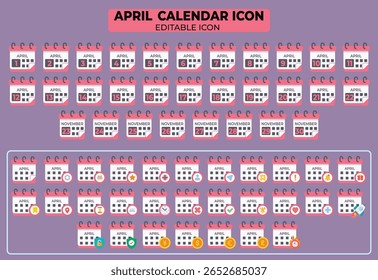 Completo conjunto de iconos de diseño plano con diversos arreglos editables de fechas de calendario de abril