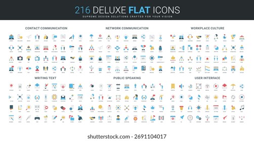 Comprehensive flat icon collection covering contact, network, workplace culture, writing, public speaking, and user interface concepts, modern style, isolated vector illustration