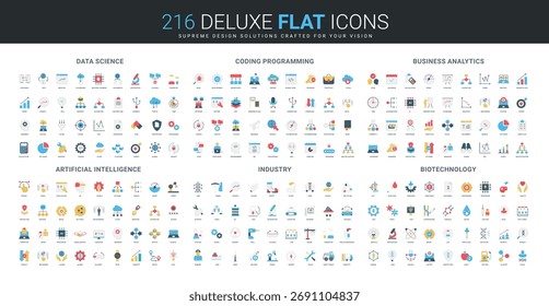 Colección completa de iconos planos que cubre ciencia de datos, codificación, análisis de negocios, inteligencia artificial, industria, conceptos de biotecnología, investigación de tecnología moderna Ilustración vectorial aislada