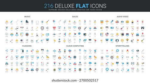 Colección Video completa de iconos planos que cubre música, ventas, audio, vlogging, computación en la nube, temas de narración, estilo moderno, diversos conceptos digitales, Ilustración vectorial aislada