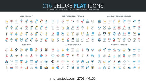 Comprehensive flat icon collection covering user account, identification, contact, business, market economy, and growth scaling concepts for digital and corporate design isolated vector illustration