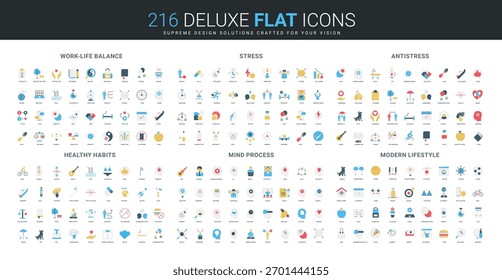 Umfassende Flachsymbol-Kollektion, die Work-Life-Balance, Stress, Anti-Stress, gesunde Gewohnheiten, Denkprozesse und moderne Lifestyle-Konzepte abdeckt, einzelne Vektorgrafik