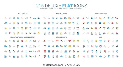 Colección completa de iconos planos que cubre bienes raíces, vida urbana, construcción, manufactura, Elementos urbanos y temas ESG en una Ilustración vectorial aislada moderna