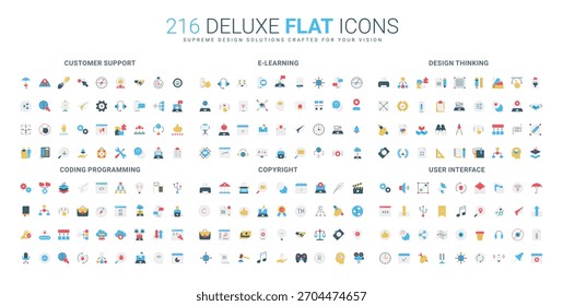 Coleção abrangente de ícones planos que abrange suporte ao cliente, e-learning, design thinking, codificação, copyright e interface do usuário tópicos ilustração vetorial isolada