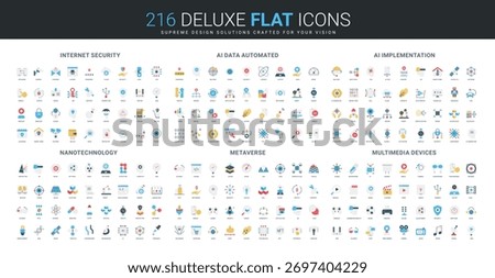 Comprehensive flat icon collection covering internet security, AI data, implementation, nanotechnology, metaverse, multimedia devices, modern digital technology concepts isolated vector illustration