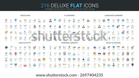 Comprehensive flat icon collection covering education, e-learning, language, kids activities, personal growth, and back to school themes, modern colorful isolated vector illustration