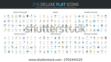 Comprehensive flat icon collection covering work-life balance, winery, summer vacation, healthy habits, mind process, and everyday planner themes isolated vector illustration