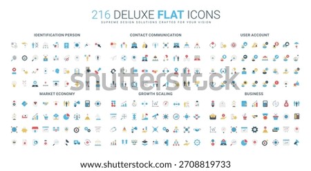 Comprehensive flat icon collection covering identification, contact, user accounts, market economy, business, and growth scaling concepts isolated vector illustration