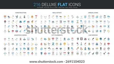 Comprehensive flat icon collection covers construction, real estate, urban living, logistics, city elements, car service themes, modern design, diverse elements, isolated vector illustration