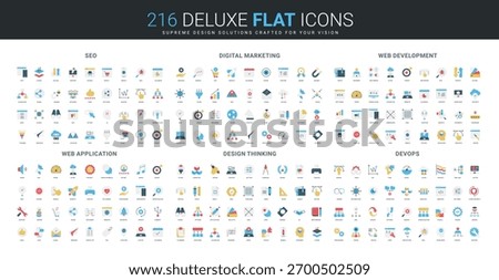 Comprehensive flat icon collection covers SEO, digital marketing, web development, application, design thinking, devops concepts with modern symbols and tools isolated vector illustration