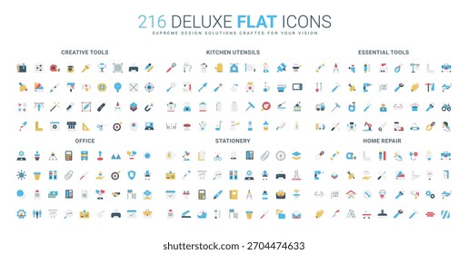 Coleção abrangente de ícones planos com ferramentas criativas, utensílios de cozinha, equipamentos essenciais, material de escritório, papelaria e objetos de reparação de casa ilustração vetorial isolada