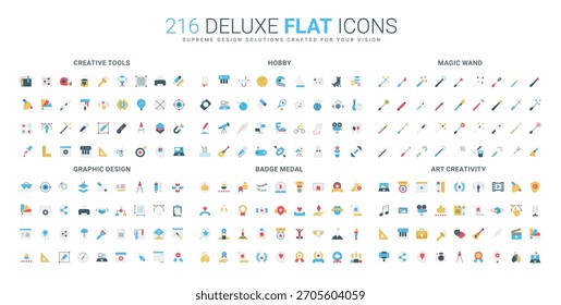 Coleção abrangente de ícones planos com ferramentas criativas, hobbies, varinhas mágicas, design gráfico, medalhas e conceitos de criatividade artística ilustração vetorial isolada
