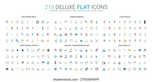 Abrangente coleção de ícones planos com relâmpagos, energia elétrica, lâmpadas, peças eletrônicas, transformação digital e conceitos de eletricidade ilustração de vetor isolado