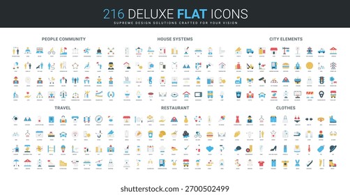 Colección completa de iconos planos que muestra a las personas, los sistemas domésticos, la vida en la ciudad, los viajes, la comida de restaurantes y los conceptos de vestimenta en una Ilustración vectorial aislada de estilo minimalista moderno