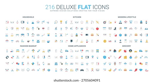 Coleção abrangente de ícones planos mostrando a casa, cozinha, estilo de vida, maquiagem, eletrodomésticos e itens essenciais de supermercado para a vida diária e organização ilustração de vetor isolado