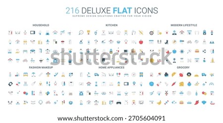 Comprehensive flat icon collection showing household, kitchen, lifestyle, makeup, home appliances, and grocery essentials for daily living and organization isolated vector illustration