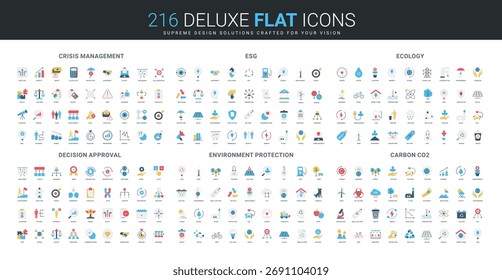 Comprehensive flat icon set covering crisis management, ESG, ecology, decision approval, environment protection, and carbon CO2 topics for diverse sustainability concepts isolated vector illustration
