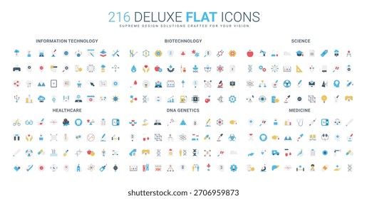 Comprehensive flat icon set covering information technology, biotechnology, science, healthcare, DNA genetics, and medicine concepts, ideal for modern scientific visuals isolated vector illustration