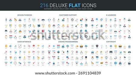 Comprehensive flat icon set covering design thinking, customer support, e-learning, user interface, coding, programming, copyright concepts, modern digital workflow isolated vector illustration