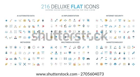 Comprehensive flat icon set covering AI data automation, implementation, internet security, metaverse, multimedia devices, and nanotechnology concepts isolated vector illustration