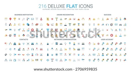 Comprehensive flat icon set covering business motivation, award recognition, success, contacts, network communication, and user account concepts isolated vector illustration