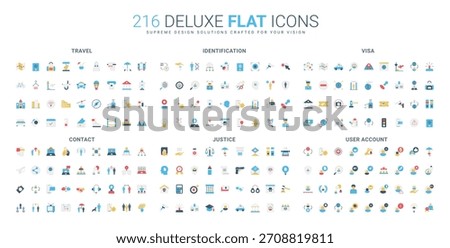 Comprehensive flat icon set covering travel, identification, visa, contact, justice, and user account themes, designed for modern digital interfaces isolated vector illustration