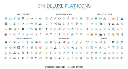O abrangente conjunto de ícones planos abrange pagamento em dinheiro, IA, desenvolvimento na Web, inovação digital, notificação e desenvolve conceitos em ambientes digitais modernos ilustração vetorial isolada