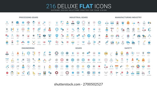 Comprehensive flat icon set featuring processing gears, industrial gears, manufacturing, engineering, machinery, and safety symbols for technical and industrial concepts isolated vector illustration