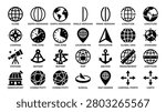 Comprehensive flat icon set for navigation, geography, and travel. Features globes, earth meridians, compass, time zone, location pin, navigation, global grid, standard, longitude, stations, sextant, ship, anchor, measurement, lortitude, observatory, connectivity, sundial, map marker, cardinal points, carth. Perfect for mapping services, travel websites, and GPS applications.