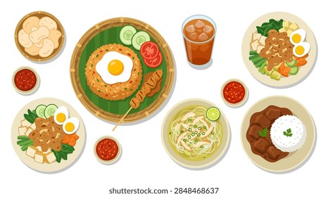 A comprehensive flat vector graphic set of popular Indonesian culinary dishes from a top-down perspective, including fried rice with egg, beef rendang, gado-gado salad, and chicken noodle soto.