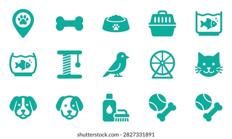 Comprehensive flat vector icon set for pet care services featuring map location pin with paw print, dog bone, food bowl, pet carrier, fish tanks, bird, cat scratching post, and animal faces.