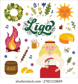 Comprehensive flat vector illustration set for Ligo and Midsummer celebrations. This festive collection includes a blonde woman holding a grilled sausage and beer, a traditional bonfire on logs, a decorative sun with a face, a flower wreath, and an oak leaf garland. Details include a beer barrel with 
