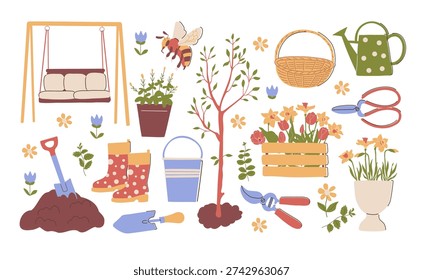 A comprehensive flat vector set of gardening essentials. Includes tree sapling, tulips and daffodils in a box, pruners, scissors, watering can, basket, trowel, bucket, rubber boots, bee, shovel in