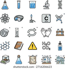 Um abrangente conjunto de ícones de laboratório de ciência de estilo plano com símbolos essenciais de química, biologia e pesquisa, incluindo tubos de teste, copos, microscópio, hélice de DNA, átomo, itens de segurança de laboratório, fórmulas químicas, ferramentas de medição e equipamentos experimentais.