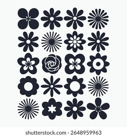 Comprehensive Floral Vector Icon Set Featuring Simple and Decorative Petal Forms, Floral Vector Bundle Featuring Various Petal Shapes and Decorative Flower Designs