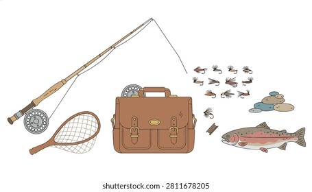 Comprehensive fly fishing kit including a rod, net, leather bag, collection of lures, river stones, and a spotted trout fish.
